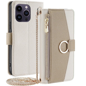 θήκη Wallet Zipper Pocket flip για το iPhone 15 Pro, Wallet Zipper Pocket, με καθρέφτη, λευκή