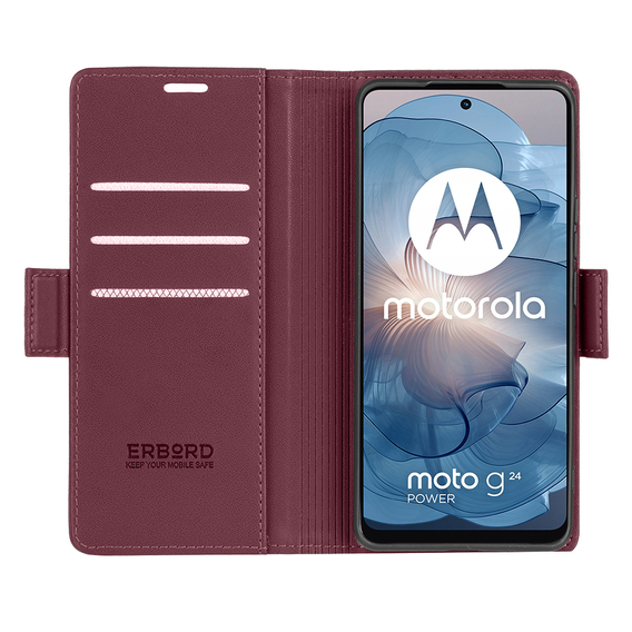 Θήκη για Motorola Moto G24 / Moto G04, ERBORD Glossy Litchi, πορτοφόλι με πτερύγιο, κόκκινη