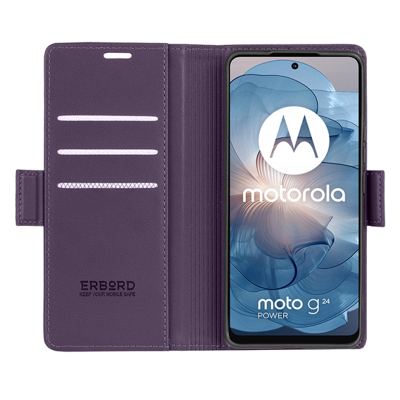 Θήκη για Motorola Moto G24 / Moto G04, ERBORD Glossy Litchi, πορτοφόλι με πτερύγιο, μωβ