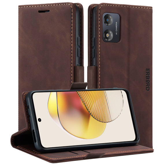 Θήκη για Motorola Moto G73, ERBORD Vintage, πορτοφόλι με πτερύγιο, καφές