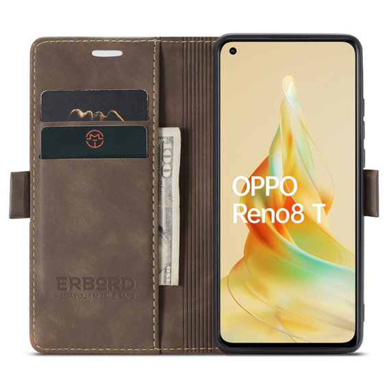 Θήκη για Oppo Reno8 T 4G, ERBORD Vintage, πορτοφόλι με πτερύγιο, καφές