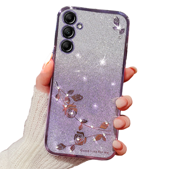 Θήκη για Samsung Galaxy A15, Glitter Flower, μωβ + γυαλί 9H 