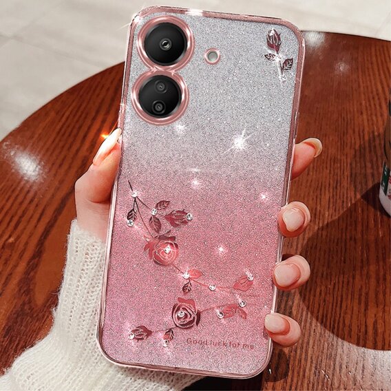 Θήκη για Xiaomi Redmi 13C / Poco C65, Glitter Flower, ροζ rose gold