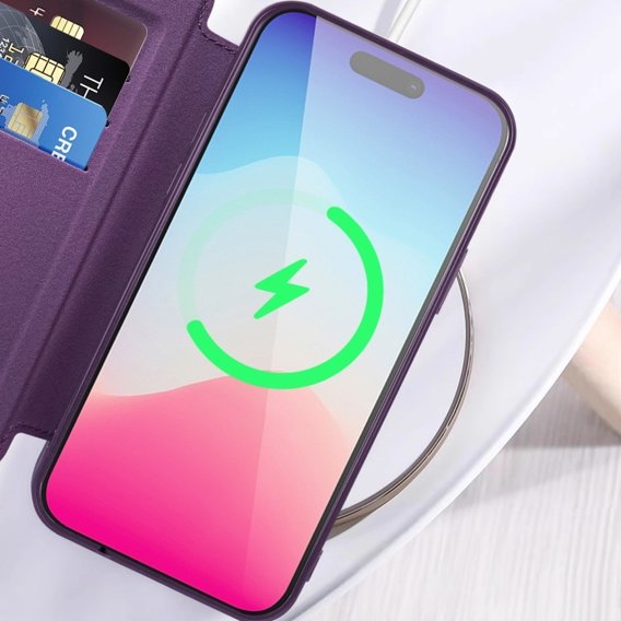 Θήκη για iPhone 11, FlipMag Ασφαλές πορτοφόλι με πτερύγιο RFID, για MagSafe, μωβ