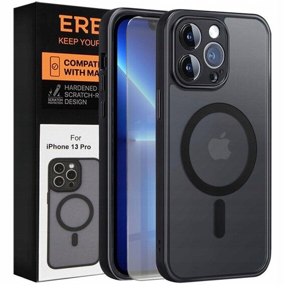 Θήκη για iPhone 13 Pro, για MagSafe, ERBORD Μatt Case, μαύρη + Γυαλί οθόνης