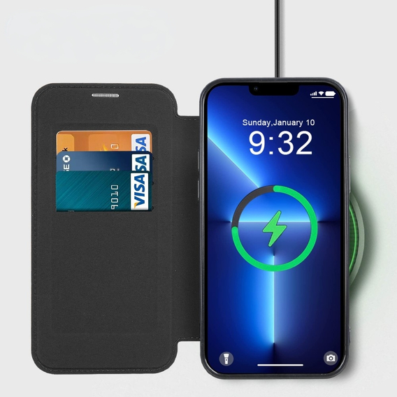 Θήκη για iPhone 13 Pro, FlipMag Ασφαλές πορτοφόλι με πτερύγιο RFID, για MagSafe, μαύρη