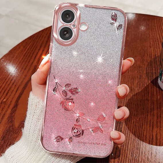 Θήκη για iPhone 16, Glitter Flower, ροζ rose gold