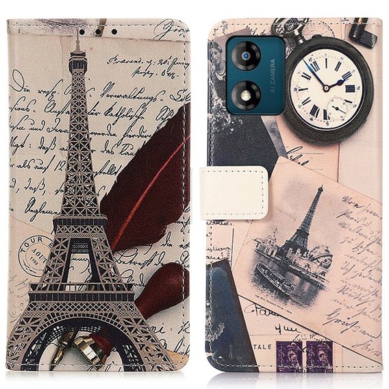 Θήκη με πτερύγιο για Motorola Moto E13, Wallet, Eiffel Tower, λευκή