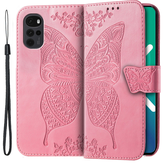 Θήκη με πτερύγιο για Motorola Moto G22, Butterfly, ροζ