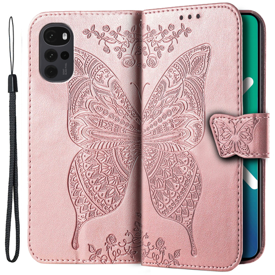 Θήκη με πτερύγιο για Motorola Moto G22, Butterfly, ροζ rose gold