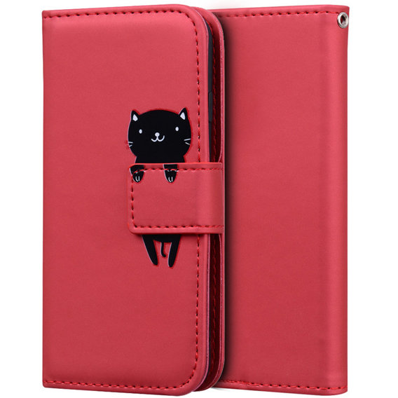 Θήκη με πτερύγιο για Motorola Moto G22, Wallet Cat, κόκκινη