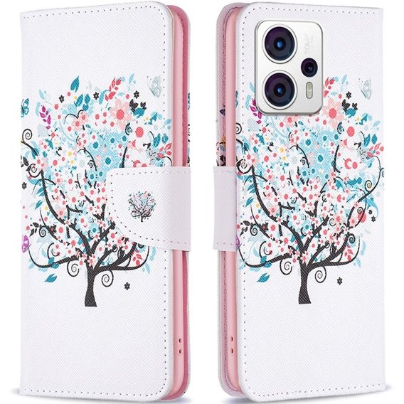 Θήκη με πτερύγιο για Motorola Moto G53 5G / G23 / G13, Wallet, colorful tree, λευκή