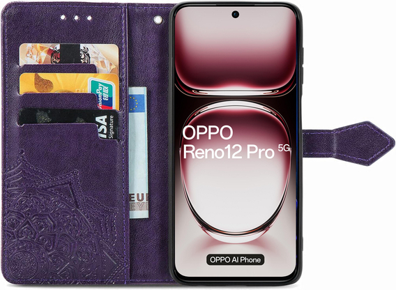 Θήκη με πτερύγιο για Oppo Reno 12 Pro, Mandala, μωβ