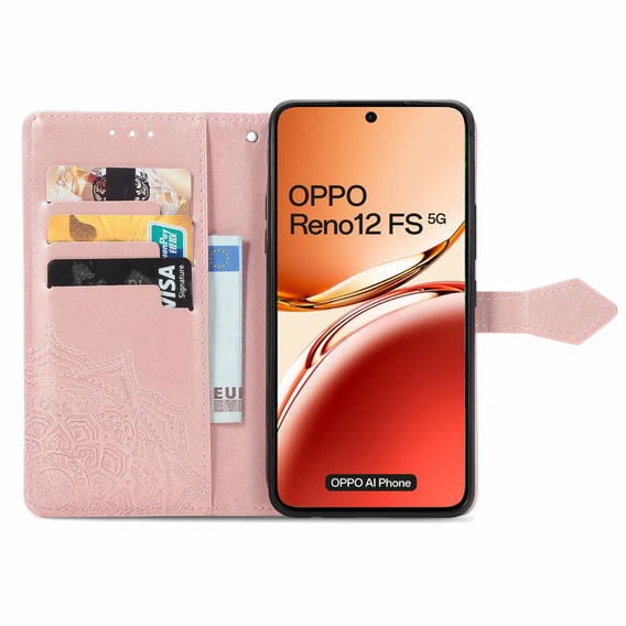 Θήκη με πτερύγιο για Oppo Reno 12FS / 12F, Mandala, ροζ rose gold