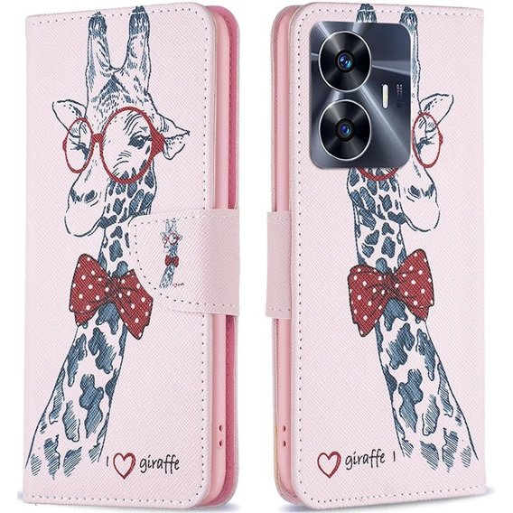 Θήκη με πτερύγιο για Realme C55, Wallet, giraffe, ροζ