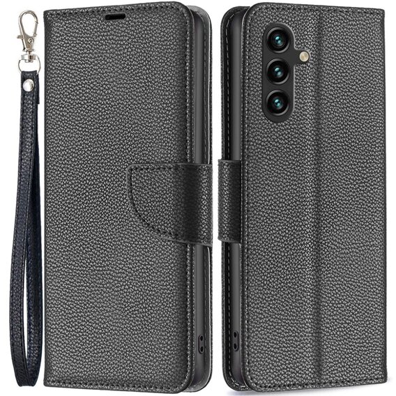 Θήκη με πτερύγιο για Samsung Galaxy A15, Wallet Litchi Leather, μαύρη + γυαλί 9H 