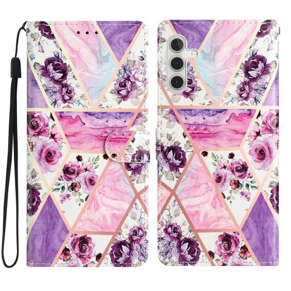 Θήκη με πτερύγιο για Samsung Galaxy A25 5G, Wallet, marble & flowers, ροζ + γυαλί 9H