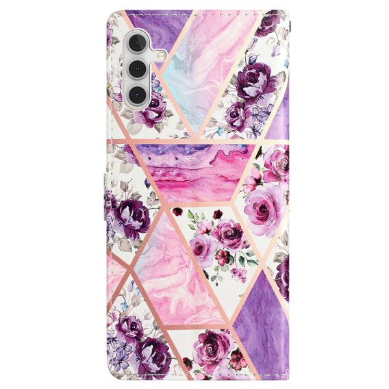 Θήκη με πτερύγιο για Samsung Galaxy A25 5G, Wallet, marble & flowers, ροζ + γυαλί 9H