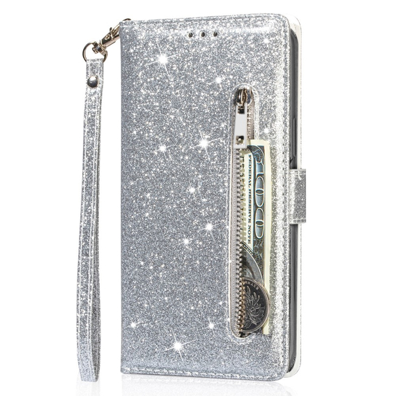 Θήκη με πτερύγιο για Samsung Galaxy A35 5G, Wallet Zipper Pocket Glittery, ασημένια