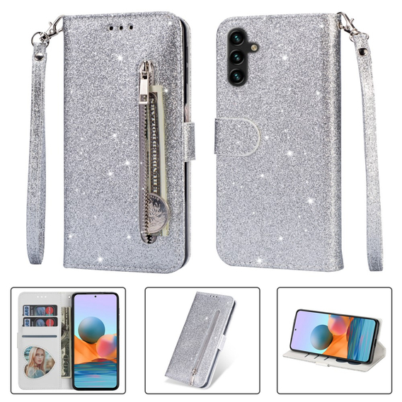 Θήκη με πτερύγιο για Samsung Galaxy A35 5G, Wallet Zipper Pocket Glittery, ασημένια