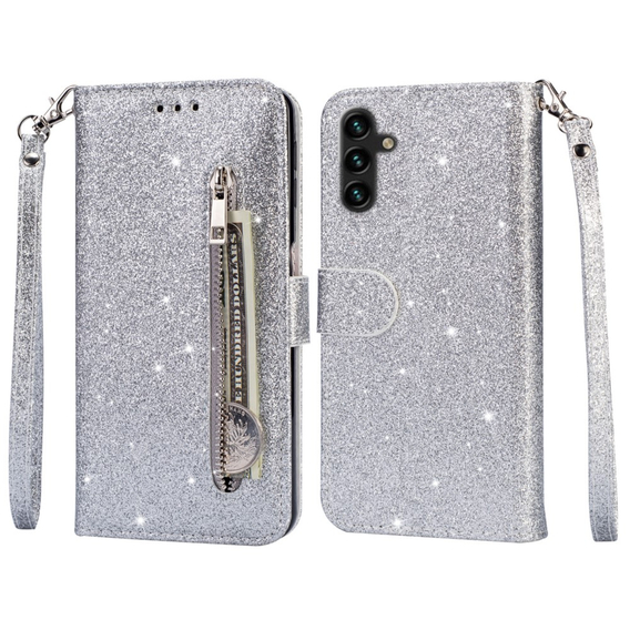 Θήκη με πτερύγιο για Samsung Galaxy A35 5G, Wallet Zipper Pocket Glittery, ασημένια