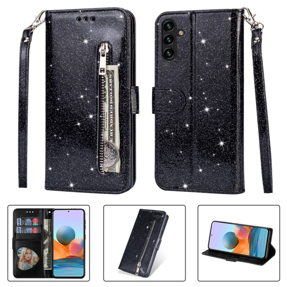 Θήκη με πτερύγιο για Samsung Galaxy A35 5G, Wallet Zipper Pocket Glittery, μαύρη