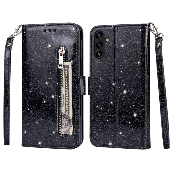 Θήκη με πτερύγιο για Samsung Galaxy A35 5G, Wallet Zipper Pocket Glittery, μαύρη