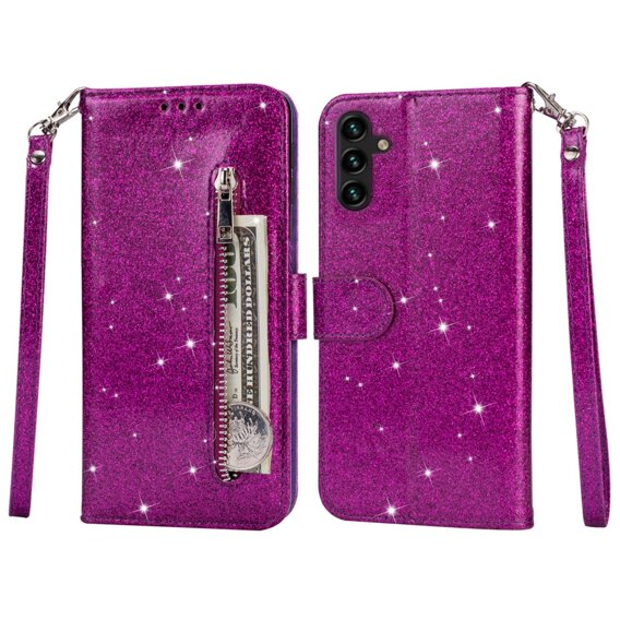 Θήκη με πτερύγιο για Samsung Galaxy A35 5G, Wallet Zipper Pocket Glittery, μωβ