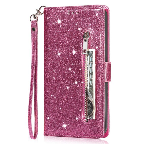 Θήκη με πτερύγιο για Samsung Galaxy A35 5G, Wallet Zipper Pocket Glittery, ροζ