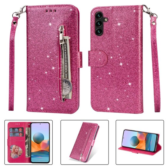 Θήκη με πτερύγιο για Samsung Galaxy A35 5G, Wallet Zipper Pocket Glittery, ροζ