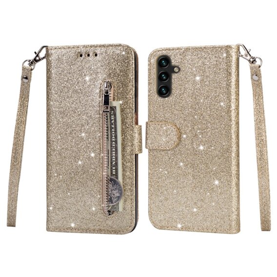 Θήκη με πτερύγιο για Samsung Galaxy A35 5G, Wallet Zipper Pocket Glittery, χρυσή