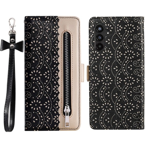 Θήκη με πτερύγιο για Samsung Galaxy A54 5G, Wallet Pocket, Zipper Lace, μαύρη