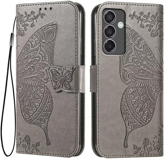 Θήκη με πτερύγιο για Samsung Galaxy M55 5G, Butterfly, γκρι