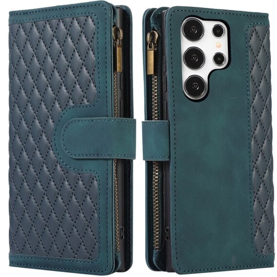 Θήκη με πτερύγιο για Samsung Galaxy S24 Ultra, Wallet Zipper Pocket, με ιμάντα ώμου, πράσινη