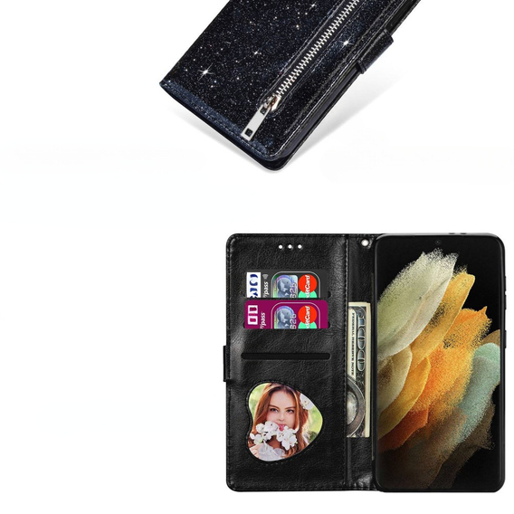 Θήκη με πτερύγιο για Samsung Galaxy S24 Ultra, Wallet Zipper Pocket Glittery, μαύρη
