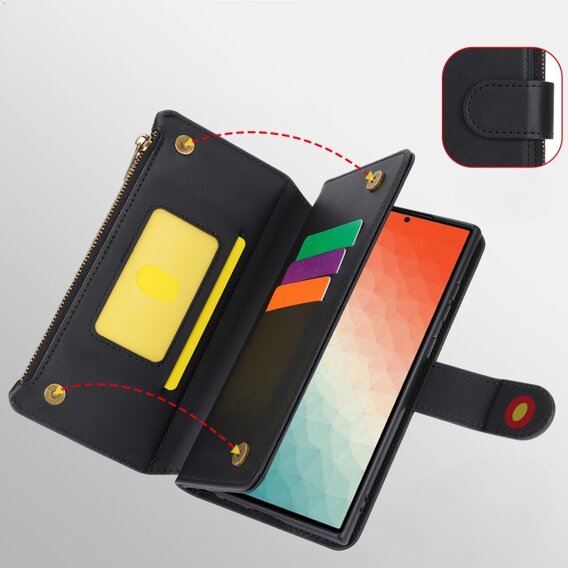 Θήκη με πτερύγιο για Samsung Galaxy S24 Ultra, Wallet Zipper Pocket RFID, με ιμάντα ώμου, μαύρη