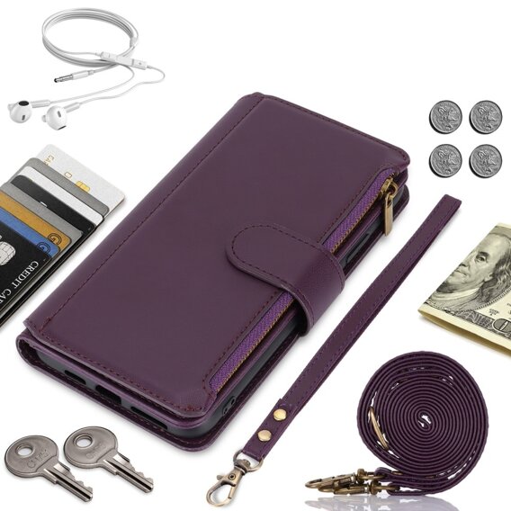 Θήκη με πτερύγιο για Samsung Galaxy S24 Ultra, Wallet Zipper Pocket RFID, με ιμάντα ώμου, μαύρη