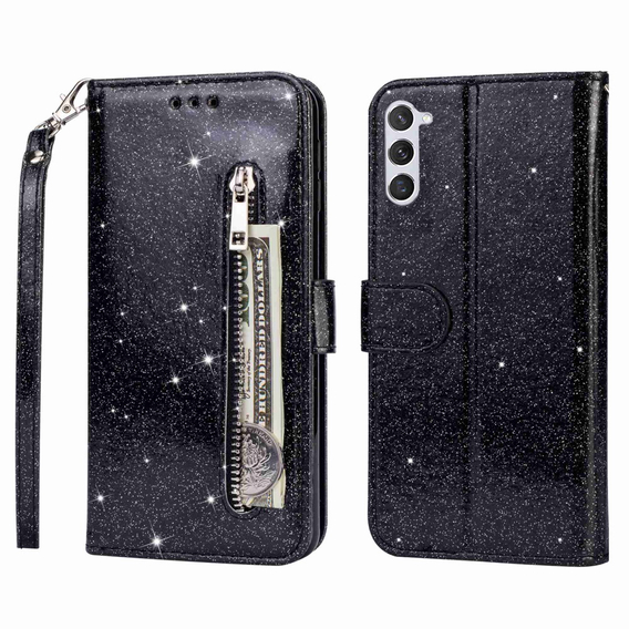 Θήκη με πτερύγιο για Samsung Galaxy S24, Wallet Zipper Pocket Glittery, μαύρη