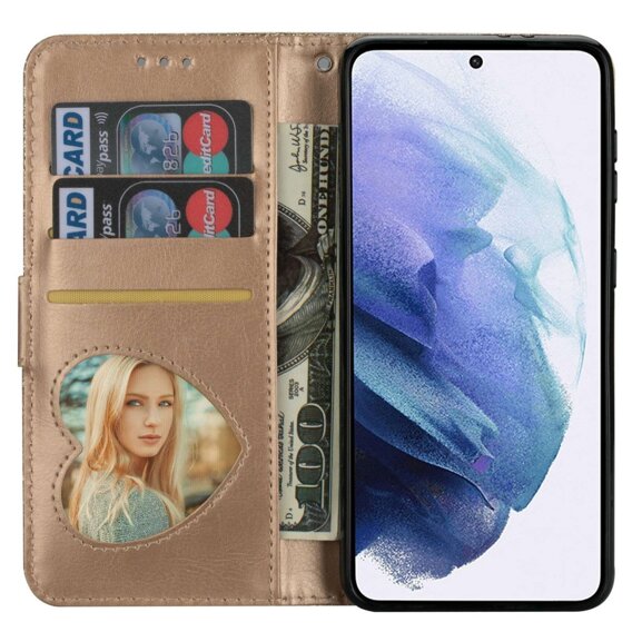 Θήκη με πτερύγιο για Samsung Galaxy S24, Wallet Zipper Pocket Glittery, χρυσή