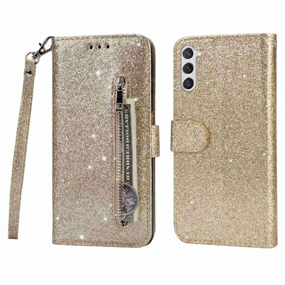 Θήκη με πτερύγιο για Samsung Galaxy S24, Wallet Zipper Pocket Glittery, χρυσή