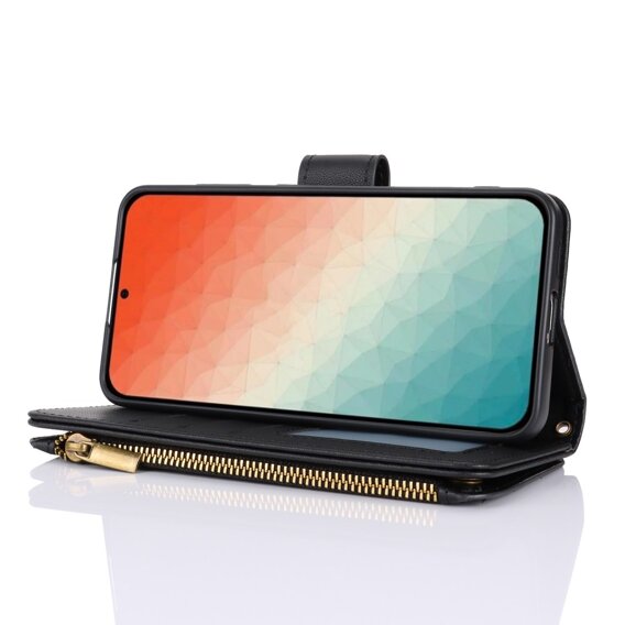Θήκη με πτερύγιο για Samsung Galaxy S24, Wallet Zipper Pocket RFID, με ιμάντα ώμου, μαύρη