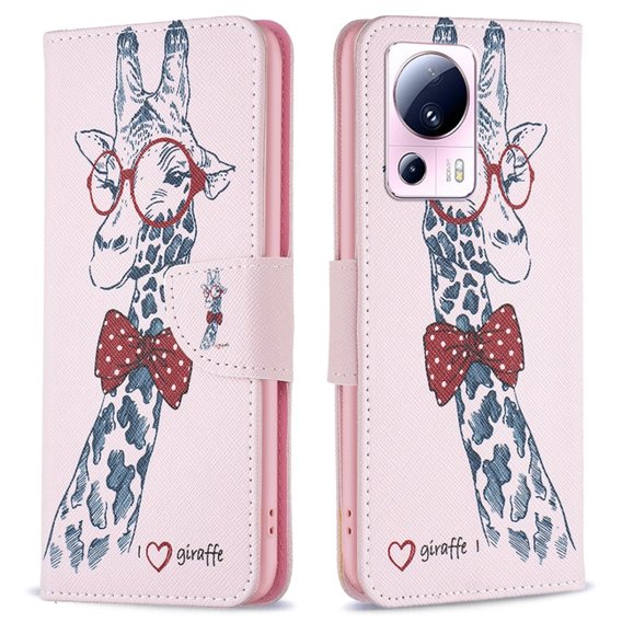 Θήκη με πτερύγιο για Xiaomi 13 Lite, Wallet, giraffe, ροζ