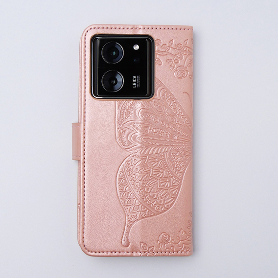 Θήκη με πτερύγιο για Xiaomi 13T / 13T Pro, Butterfly, ροζ rose gold