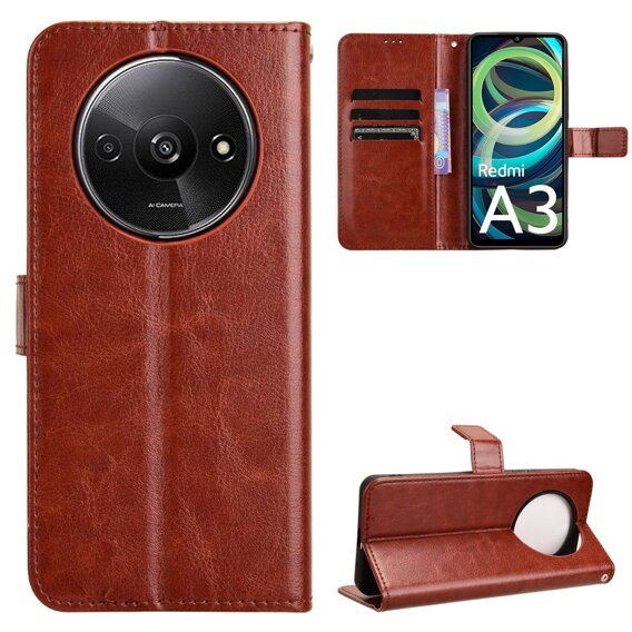 Θήκη με πτερύγιο για Xiaomi Redmi A3, Crazy Horse Wallet, καφέ