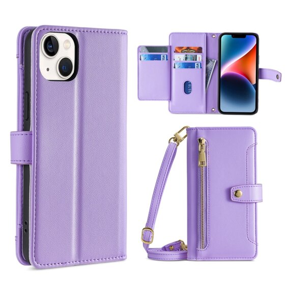 Θήκη με πτερύγιο για iPhone 15, Wallet Zipper Pocket, μωβ