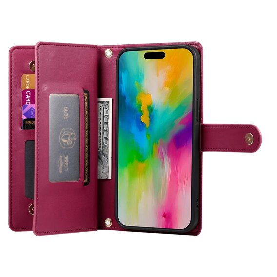 Θήκη με πτερύγιο για iPhone 16 Pro Max, Wallet Zipper Pocket, κόκκινη