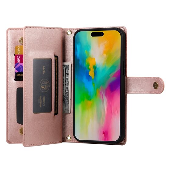 Θήκη με πτερύγιο για iPhone 16 Pro Max, Wallet Zipper Pocket, ροζ