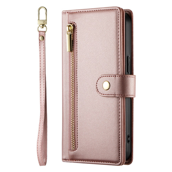 Θήκη με πτερύγιο για iPhone 16 Pro Max, Wallet Zipper Pocket, ροζ