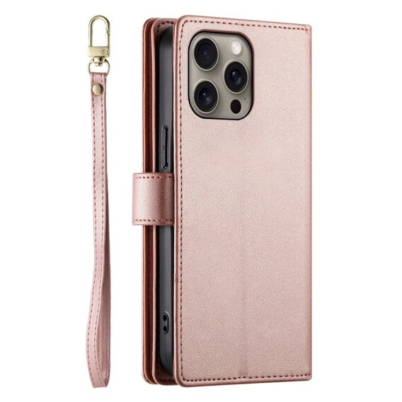 Θήκη με πτερύγιο για iPhone 16 Pro Max, Wallet Zipper Pocket, ροζ