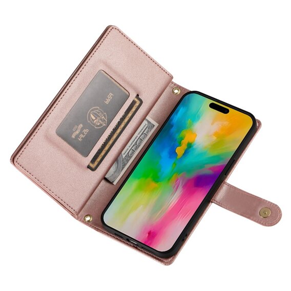 Θήκη με πτερύγιο για iPhone 16 Pro Max, Wallet Zipper Pocket, ροζ